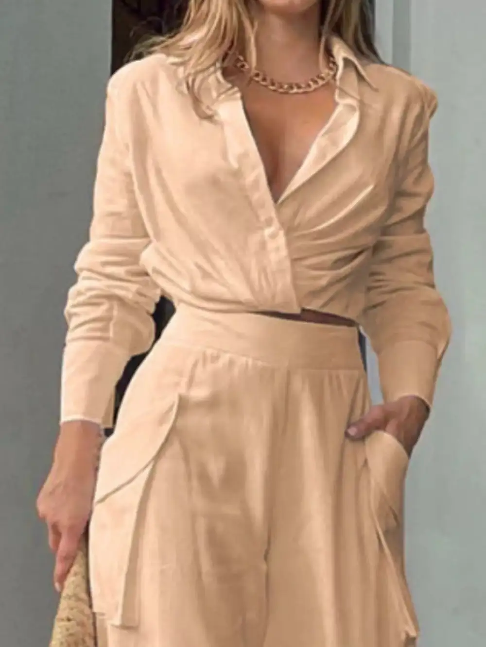 Long Sleeve Shirt Wide Leg Pants Set