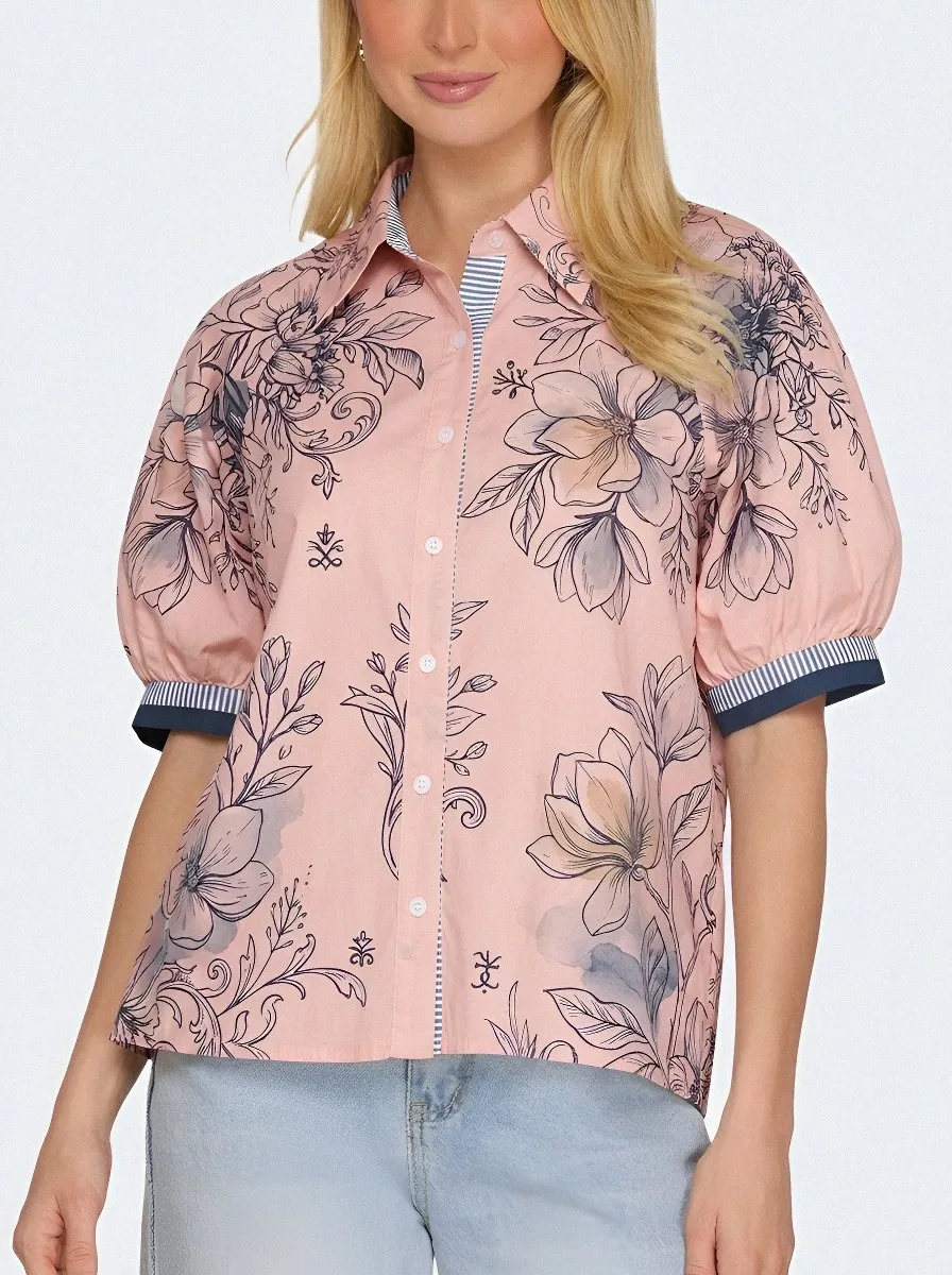 Women's Floral Botanical Sketch Printed Puff Sleeve Shirt