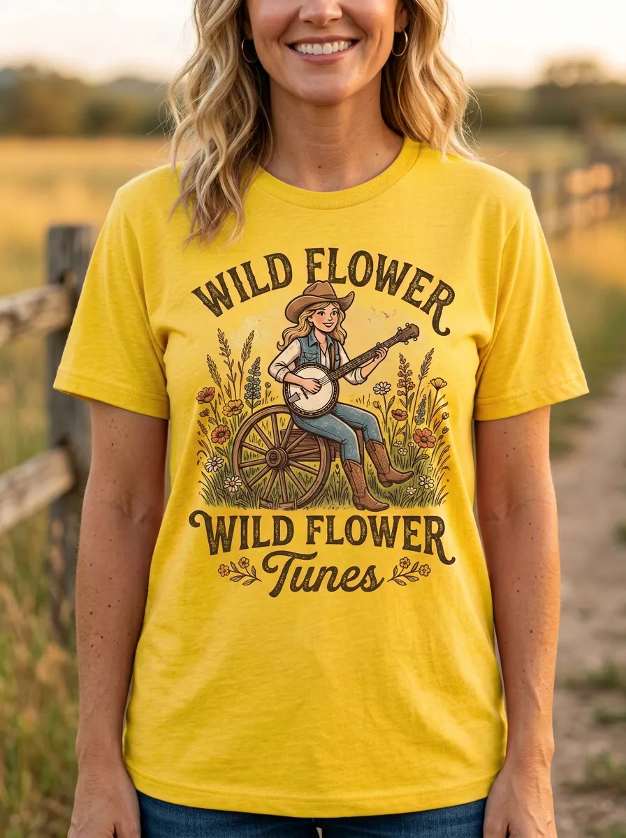 Acoustic Country Music Banjo Player Wildflower Crew Neck T-Shirt