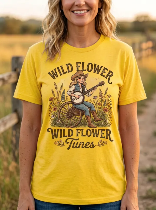 Acoustic Country Music Banjo Player Wildflower Crew Neck T-Shirt