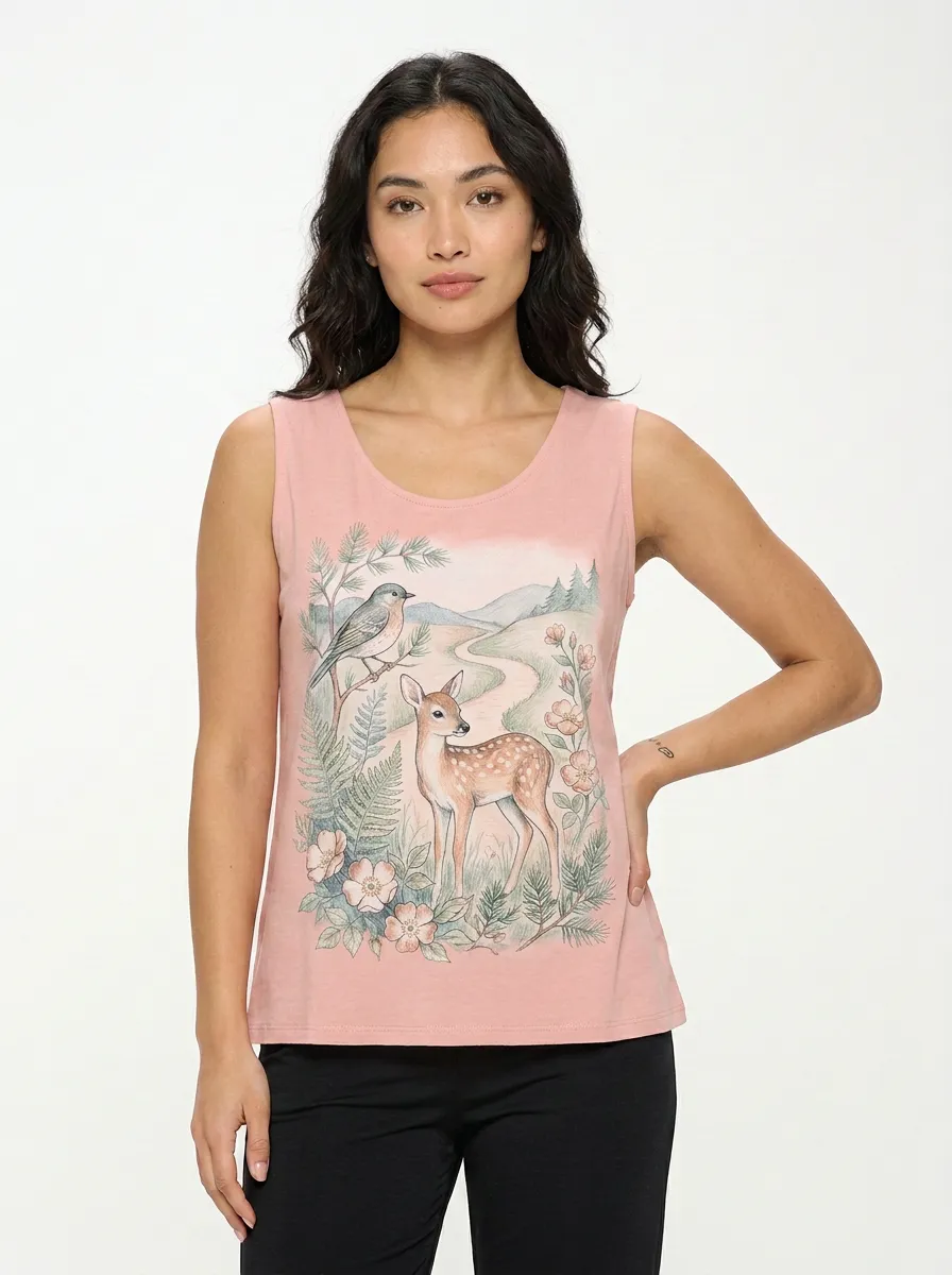 Women's Nature Lover Fawn Bird Forest Printed Tank Top