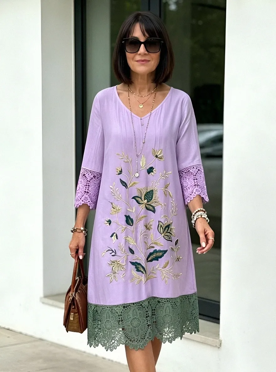 Women's Summer Vacation Floral Embroidery Lace Trim Printed Dress