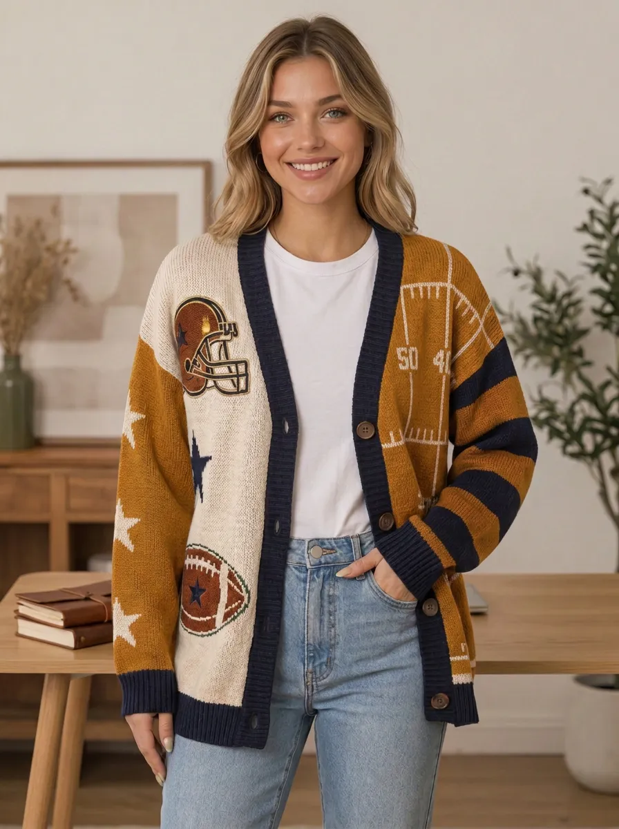 Women's Bold Gridiron Helmet Star Ball Knit Cardigan