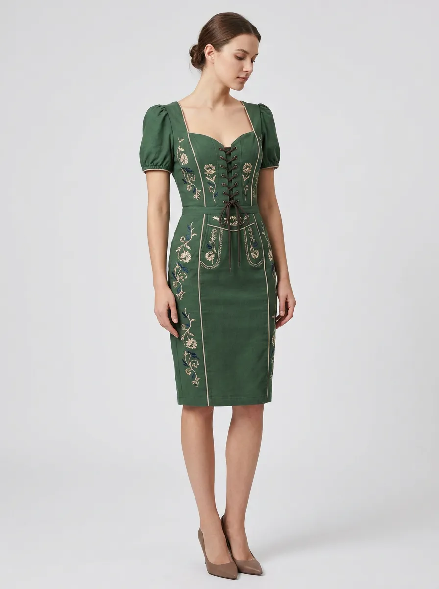 Women's Floral Embroidered Fitted Folk Dress