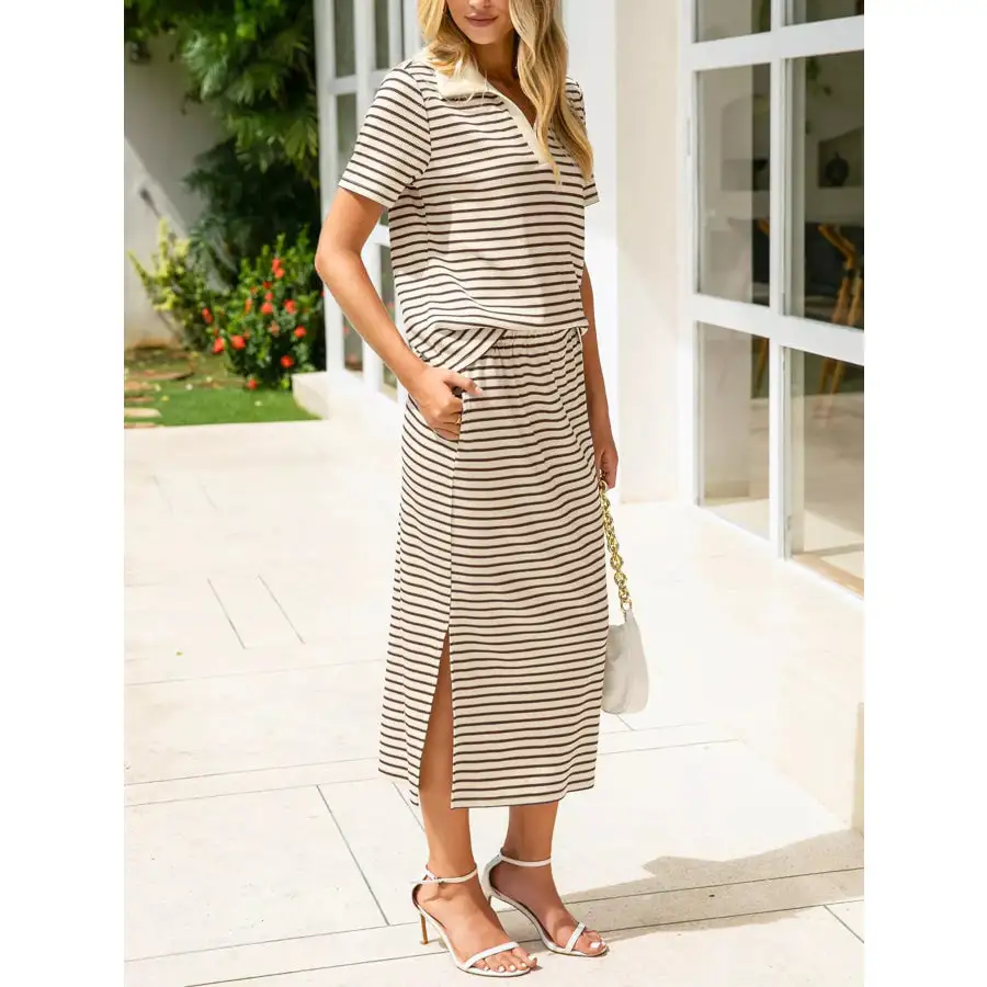 Modern Striped Polo Collar Top And Slit Skirt Two-Piece