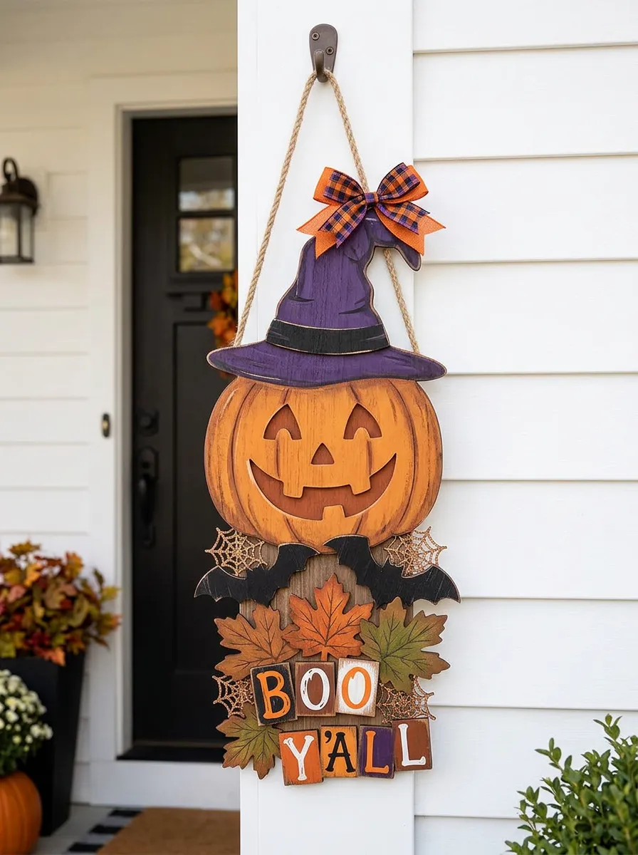Halloween Pumpkin Witch Hat Boo Y'all Hanging Door Sign