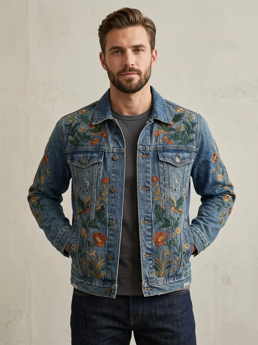 Men's Floral Embroidered Distressed Denim Jacket