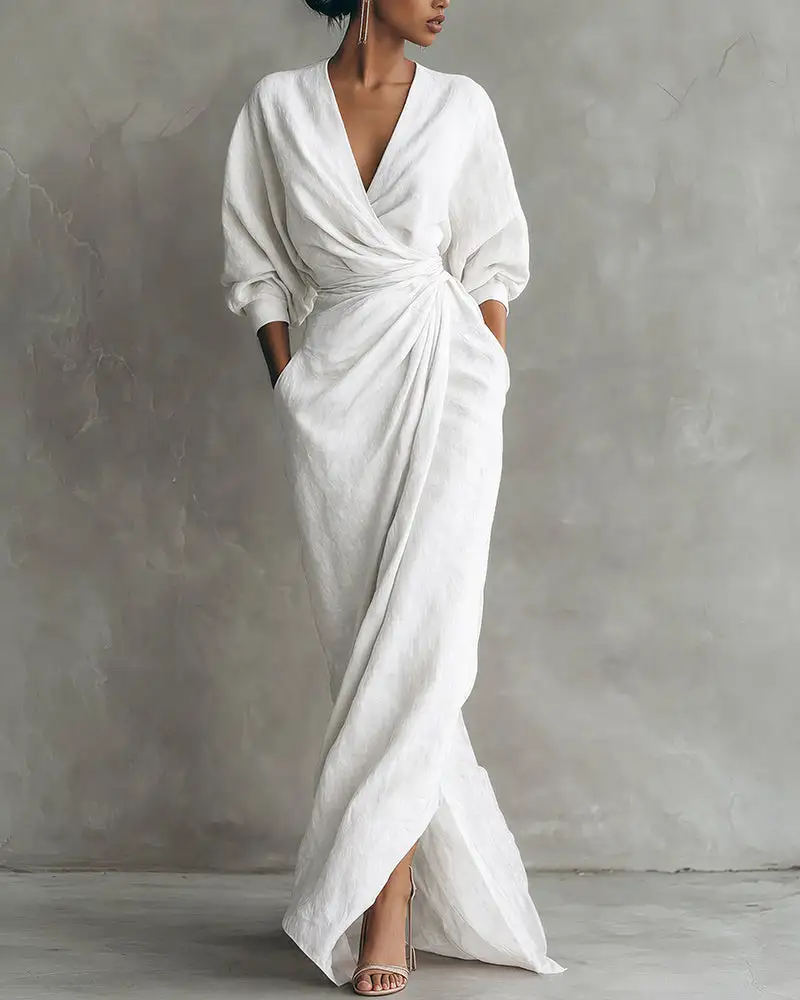 Elegant Deep V-Neck Draped Wrap Maxi Dress With Waist Tie