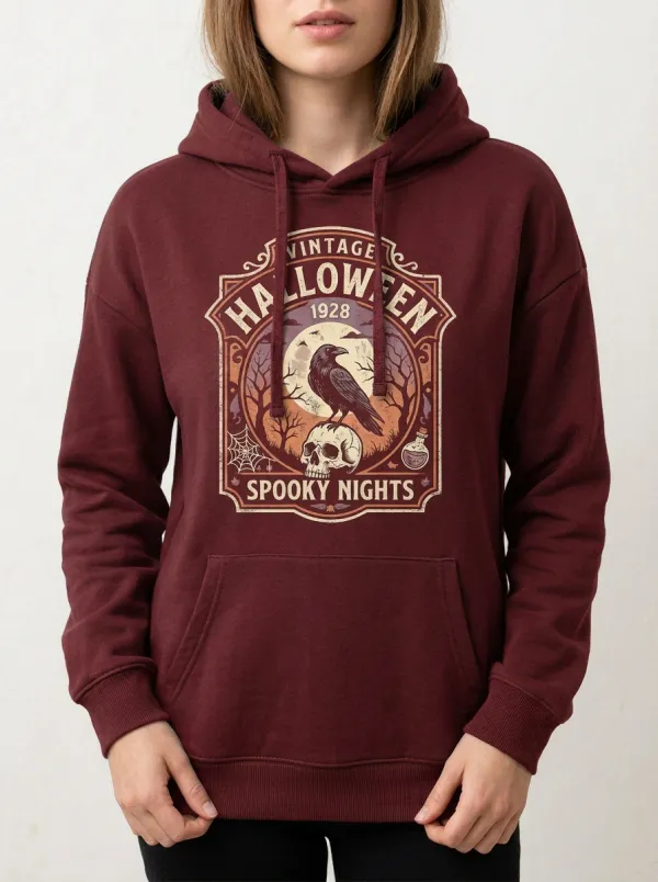 Women's Vintage Halloween Crow Skull Printed Hoodie