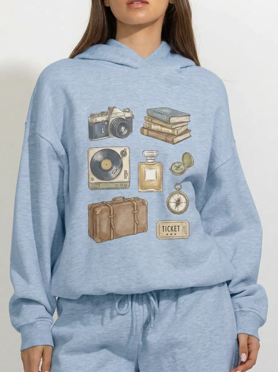 Women's Vintage Travel Aesthetic Camera Book Printed Hoodie