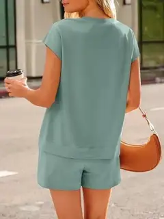 Button-Detail Pocketed Top and Shorts Matching Set