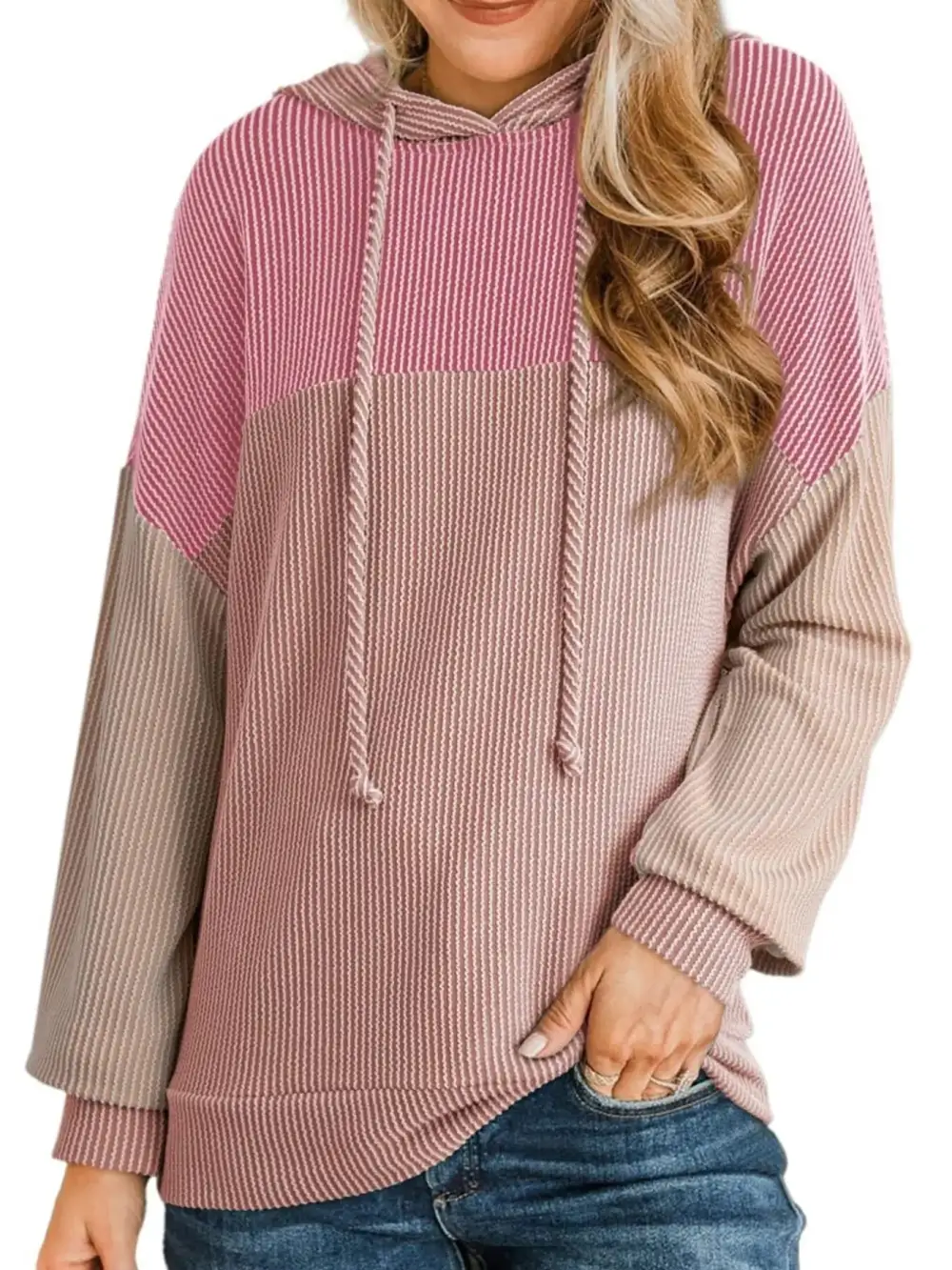 Relaxed Drawstring Long-Sleeve Colorblock Hoodie