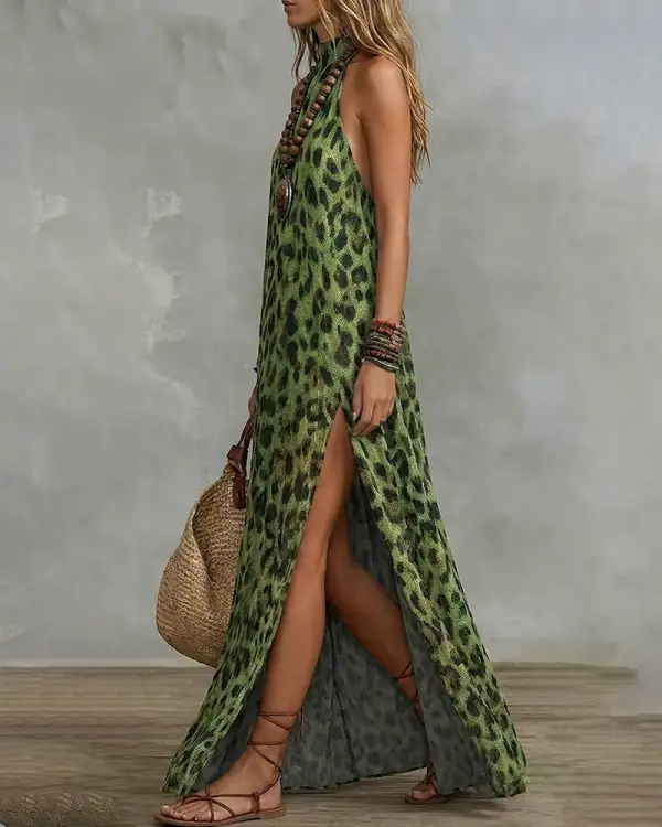 Wild Elegance Leopard Halter Maxi Dress with Side Slit