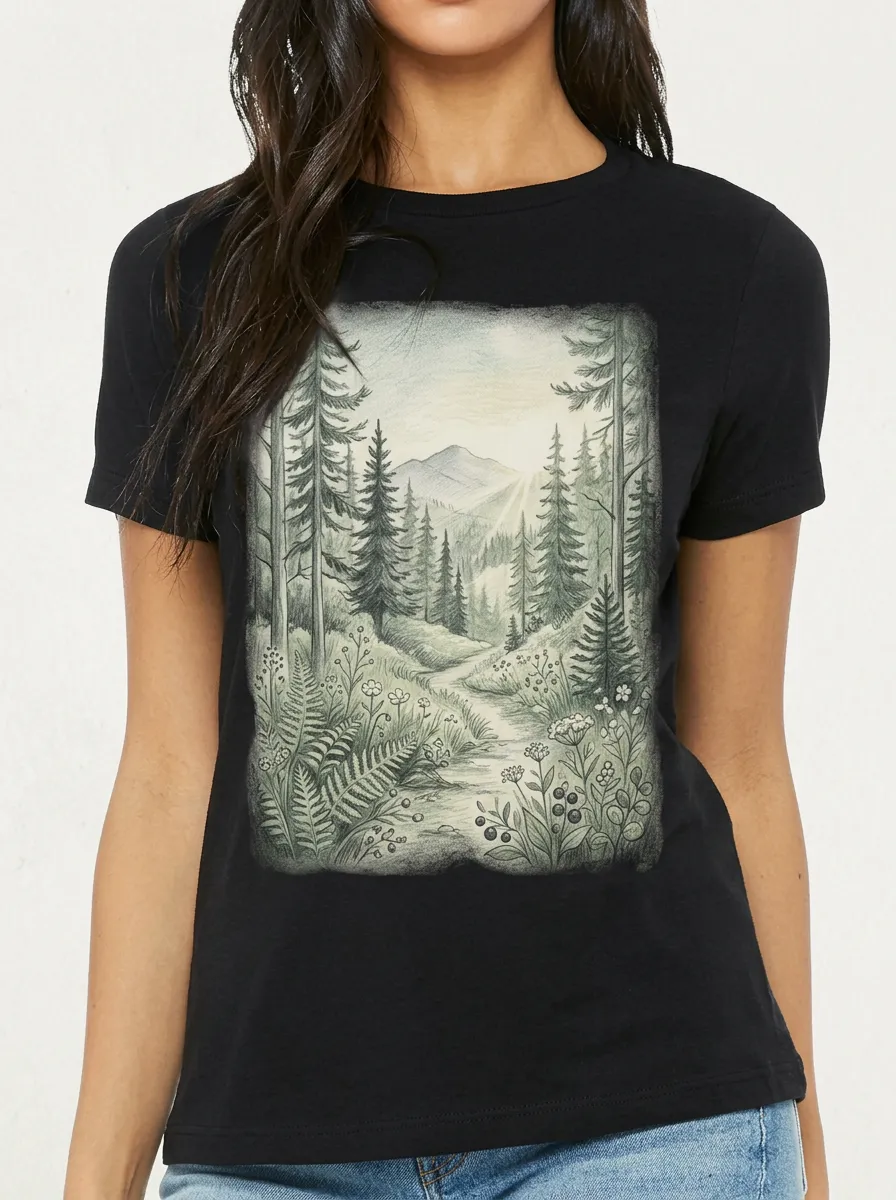 Women's Nature Lover Mountain Forest Path Printed T-shirt