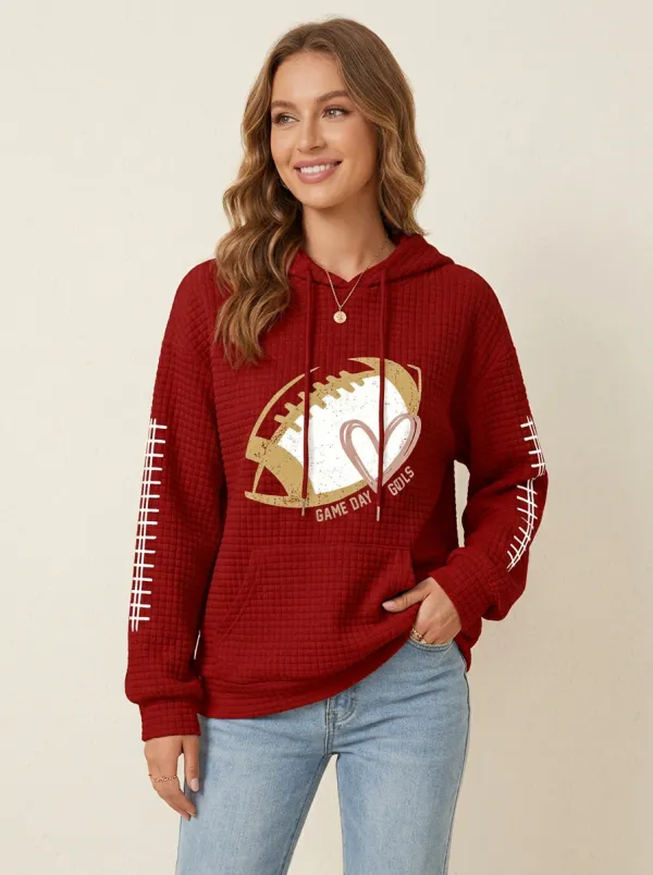 Women's Football Game Day Heart Printed Waffle Knit Hoodie