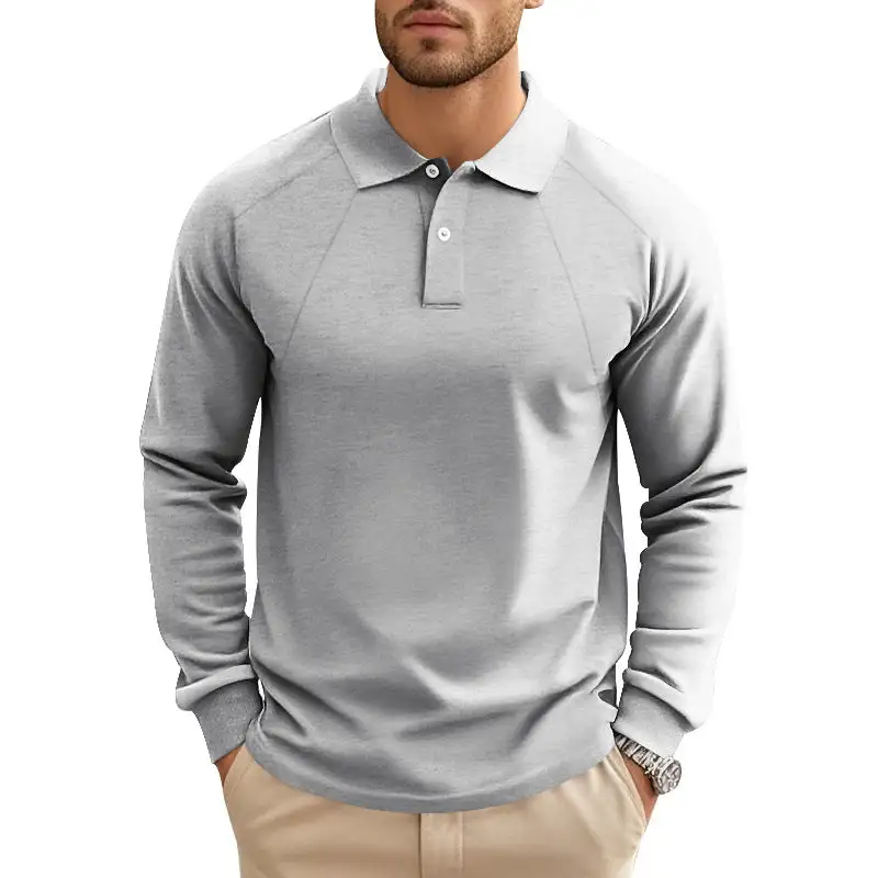 Ribbed Button Placket Raglan Sleeve Polo Shirt
