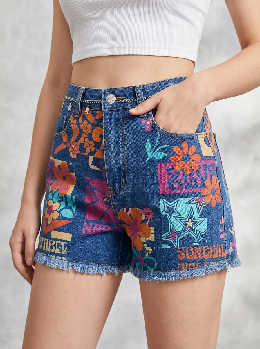 Women's Y2K Retro Floral Star Graphic Printed Denim Shorts