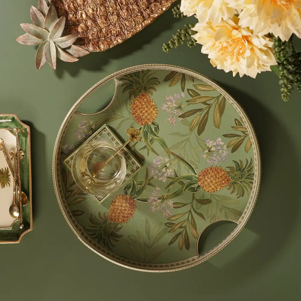 Green Round Faux Leather Tray