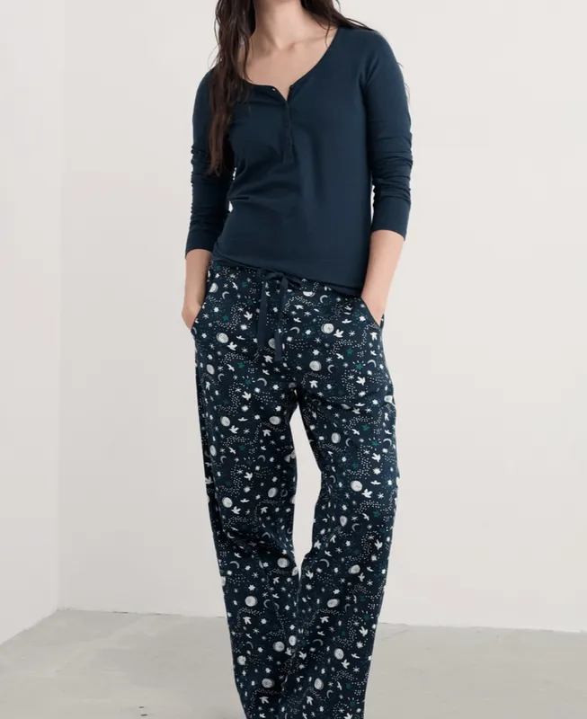 Cotton V-Neck Button-Front Wide Leg Pajama Set