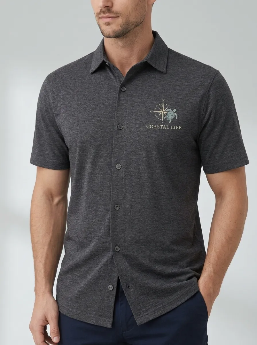 Men's Coastal Life Sea Turtle Compass Printed Button-Down Shirt