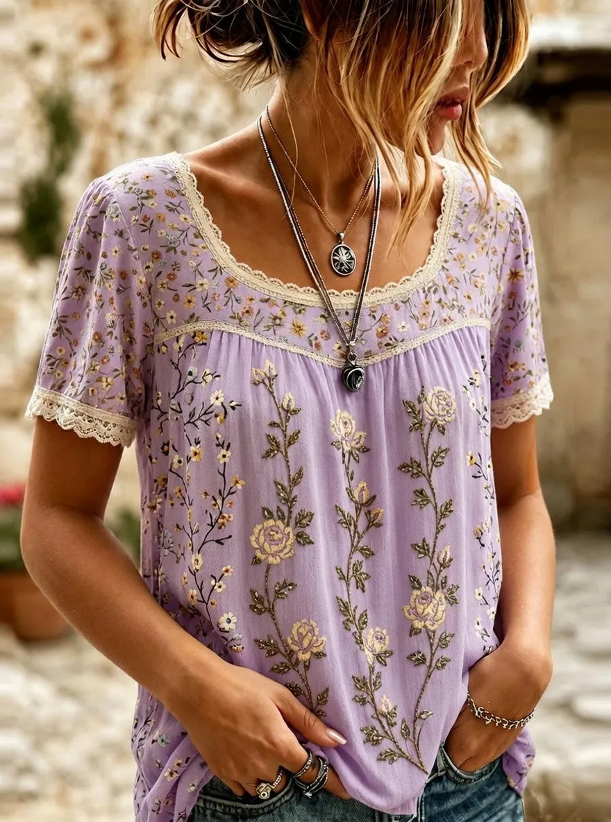 Women's Boho Floral Vintage Rose Embroidered Printed Short Sleeve T-Shirt