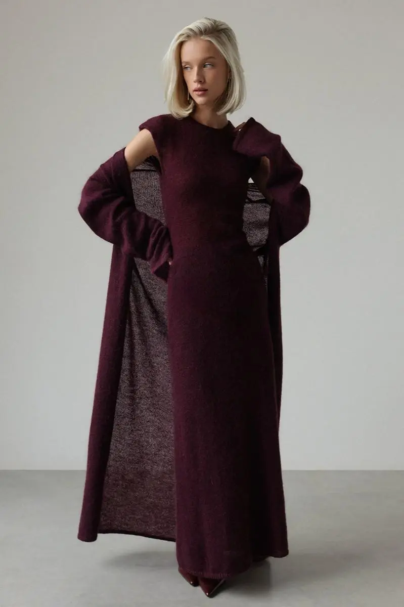Knit Round Neck Midi Dress With Coat
