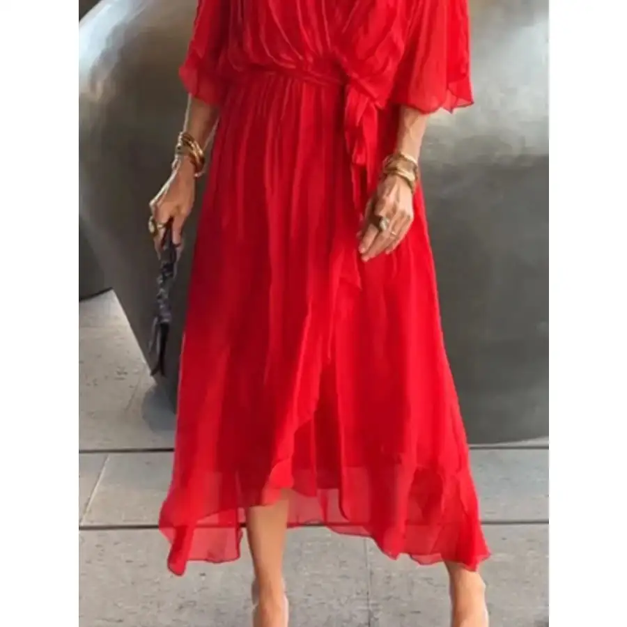 Full Size Flowy Tie Front Midi Dress with Flutter Sleeves Plus Size