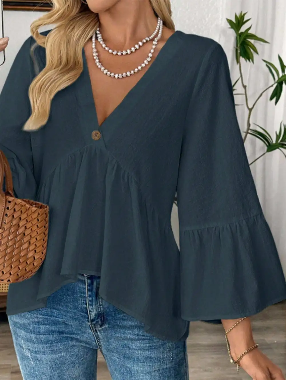 V Neck Ruffle Sleeve Cotton Blouse
