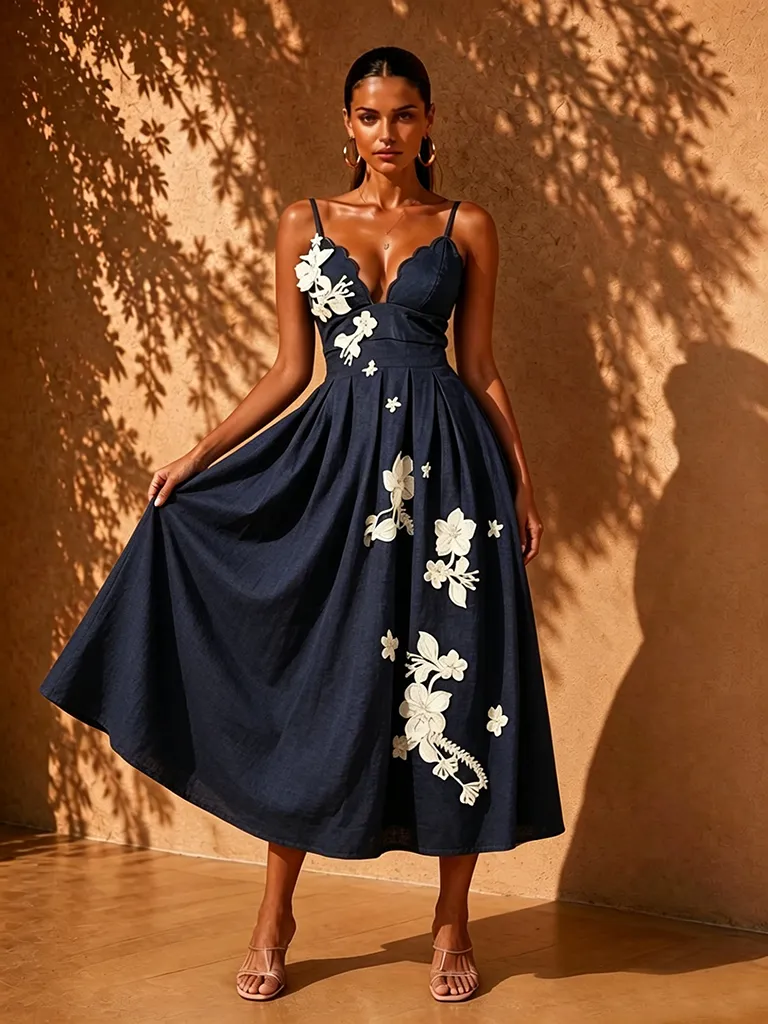 Noemi Blue Print Spaghetti Strap Midi Dress