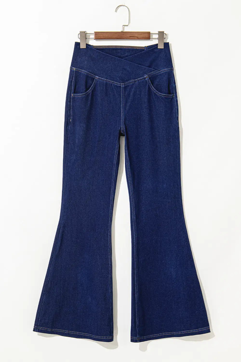 Solid Crossed Waist High Elastic Fit Flare Knit Jeans