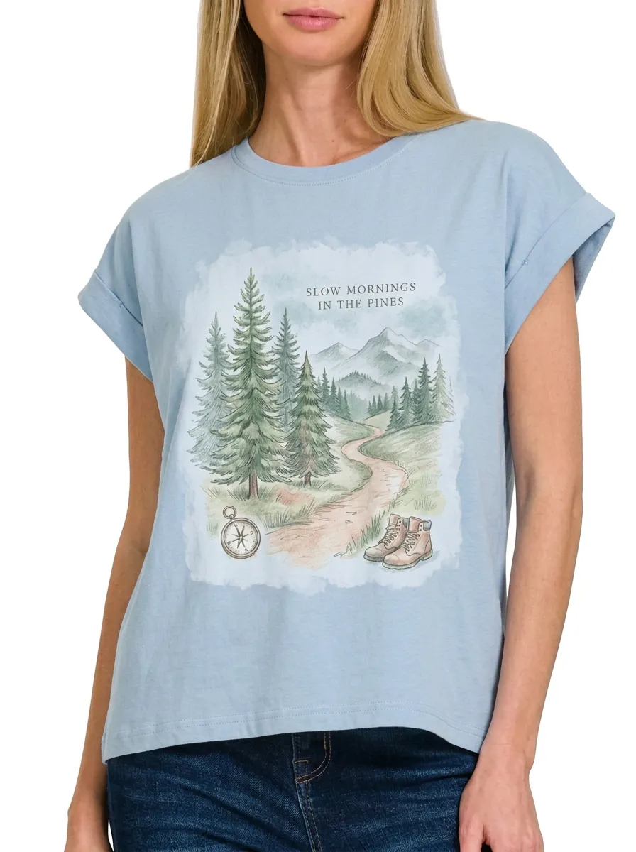 Women's Nature Hiking Lover Pine Forest Compass Printed T-shirt