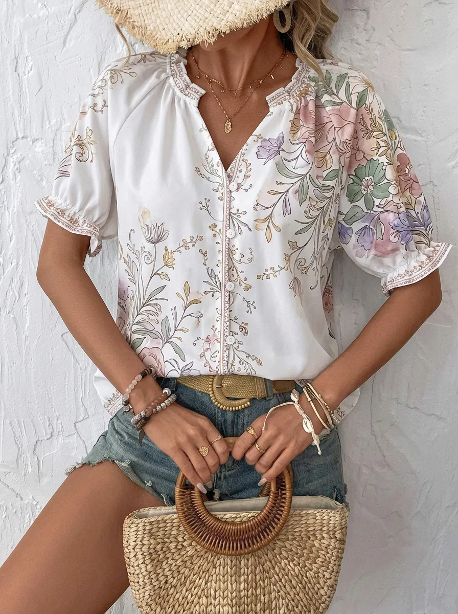 Women's Boho Floral Botanical Printed Button Up Blouse