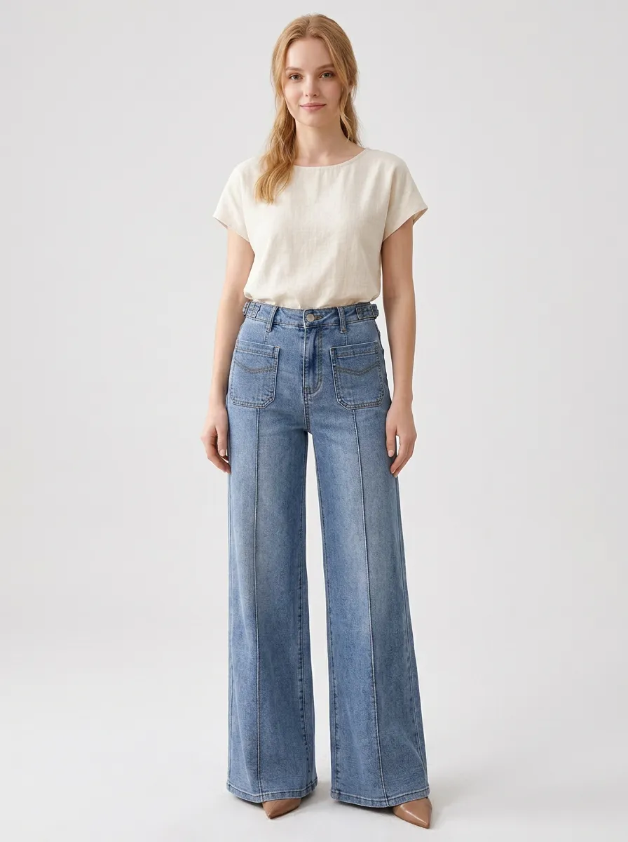 Women's Casual Fashion Wide Leg Pocketed Denim Jeans