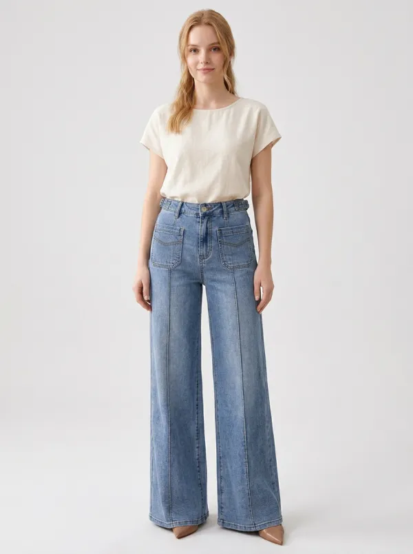 Women's Casual Fashion Wide Leg Pocketed Denim Jeans