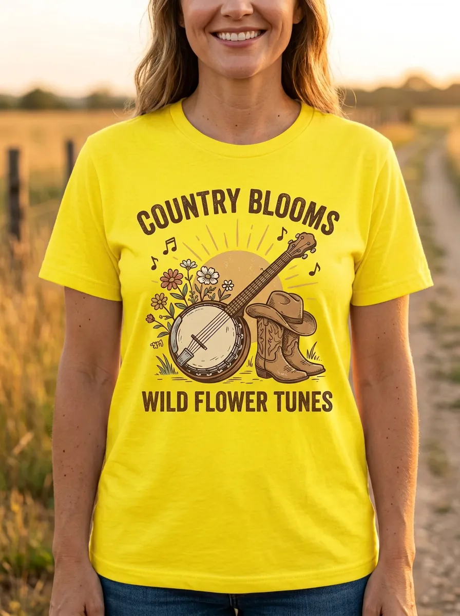 Banjo Cowboy Cowboy-Boot Country Music Crewneck T-Shirt