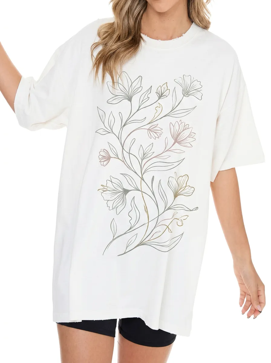 Women's Botanical Nature Lover Floral Line Art Printed T-shirt