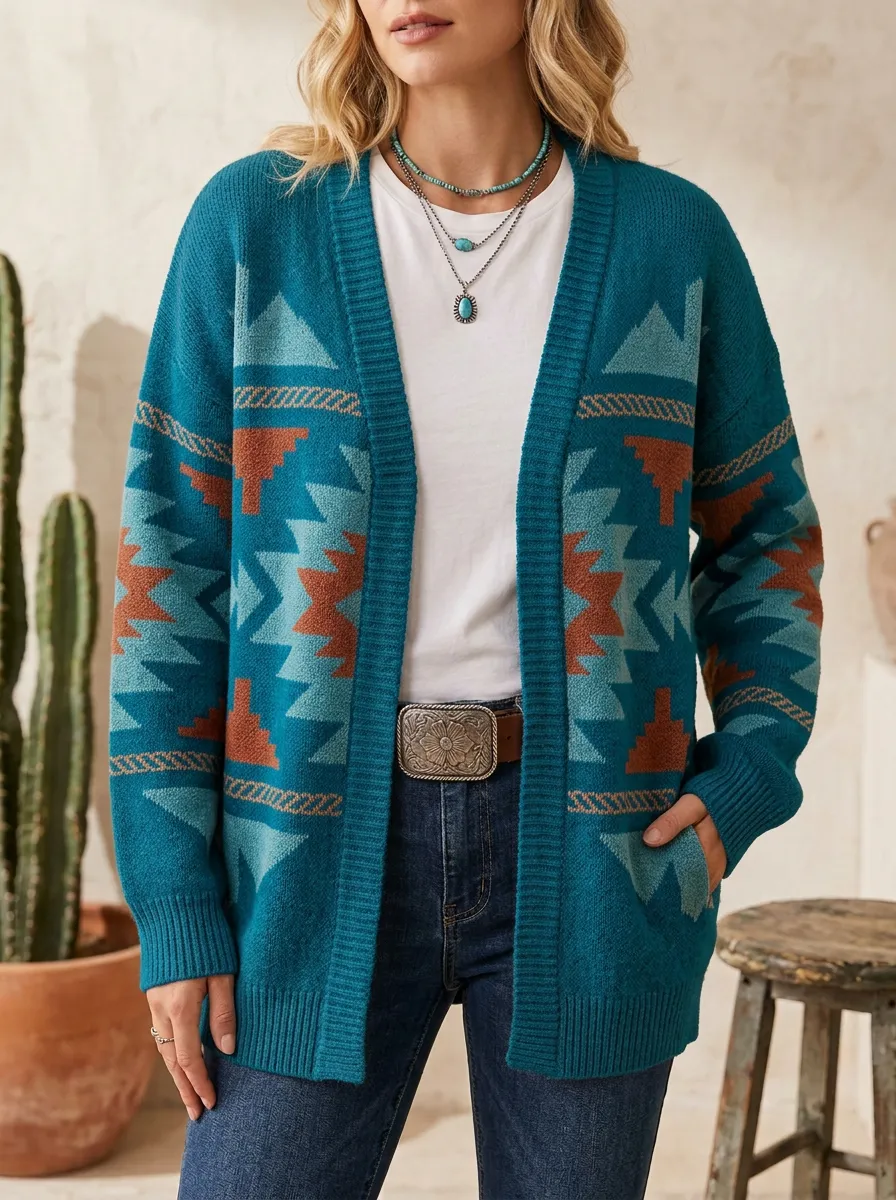 Women's Western Aztec Geometric Pattern Knitted Cardigan Sweater