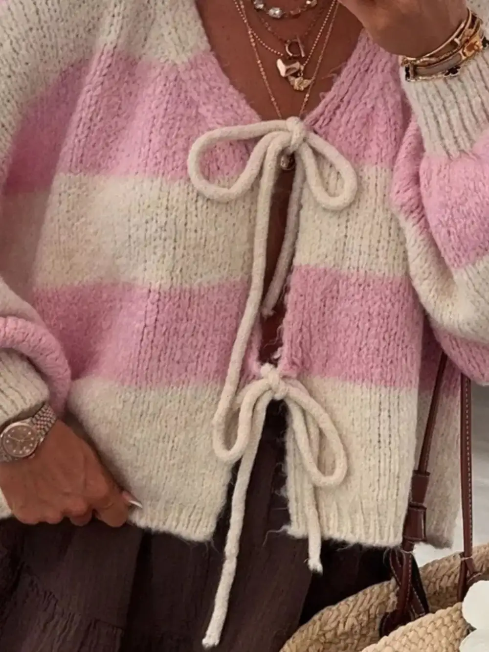 Tie-Front Knit Striped Cardigan