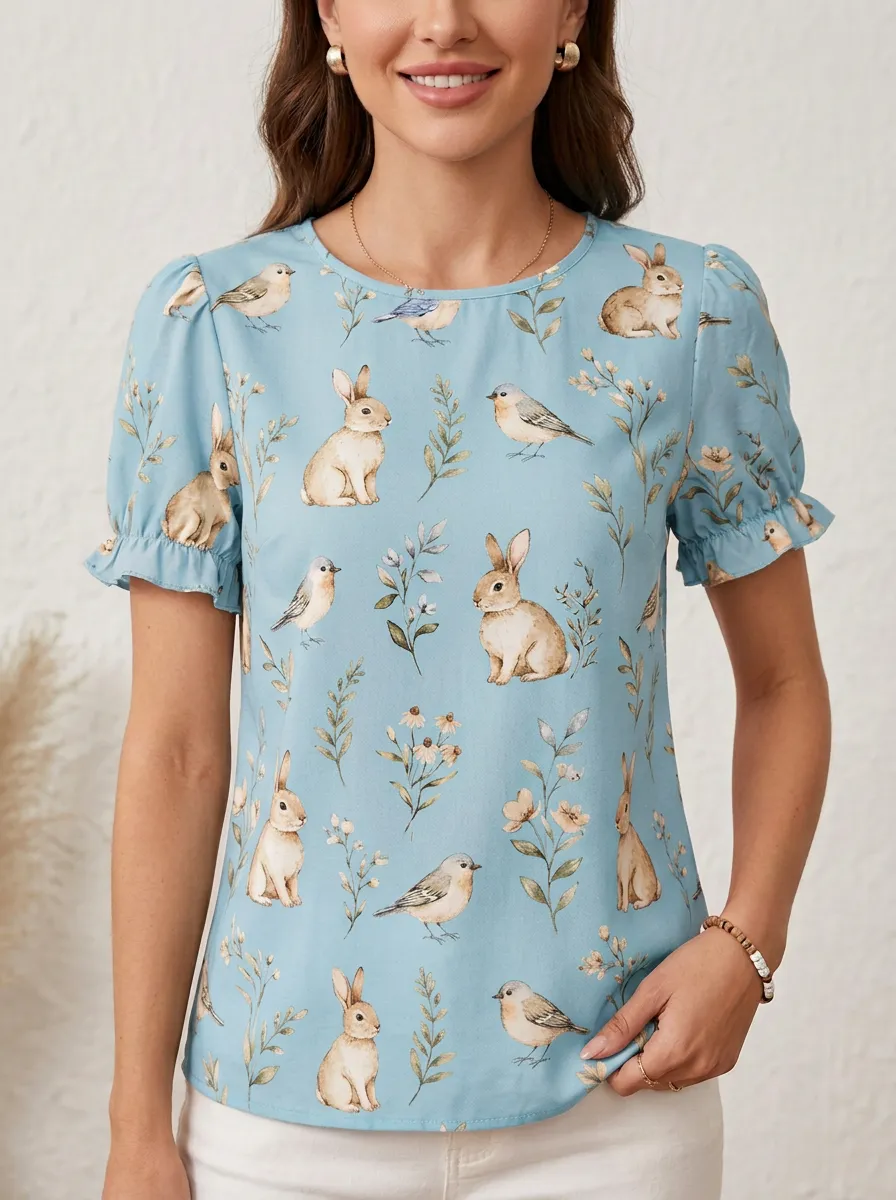 Bird Rabbit Floral Women's Loose Printed T-Shirt