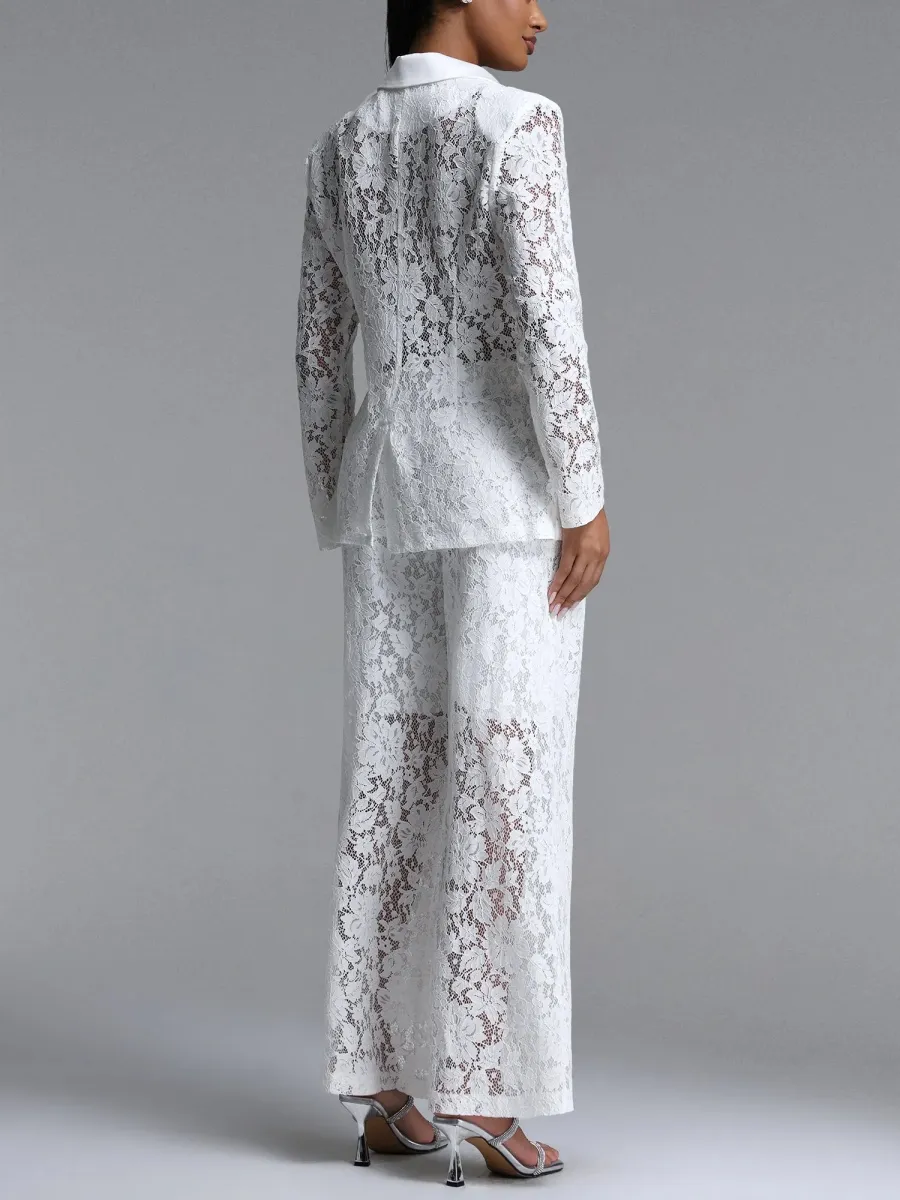 Elara  Lace Satin-Trimmed Blazer & Wide-Leg Pant Suit