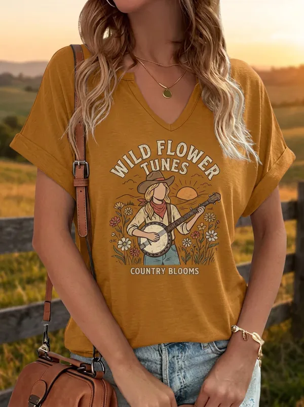 Acoustic-Inspired Banjo Floral Custom Country Music V-Neck T-Shirt