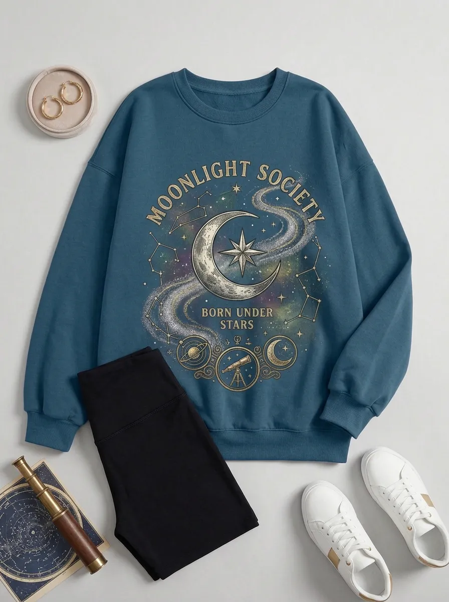Women's Astronomy Lover Moonlight Society Constellation Printed T-shirt