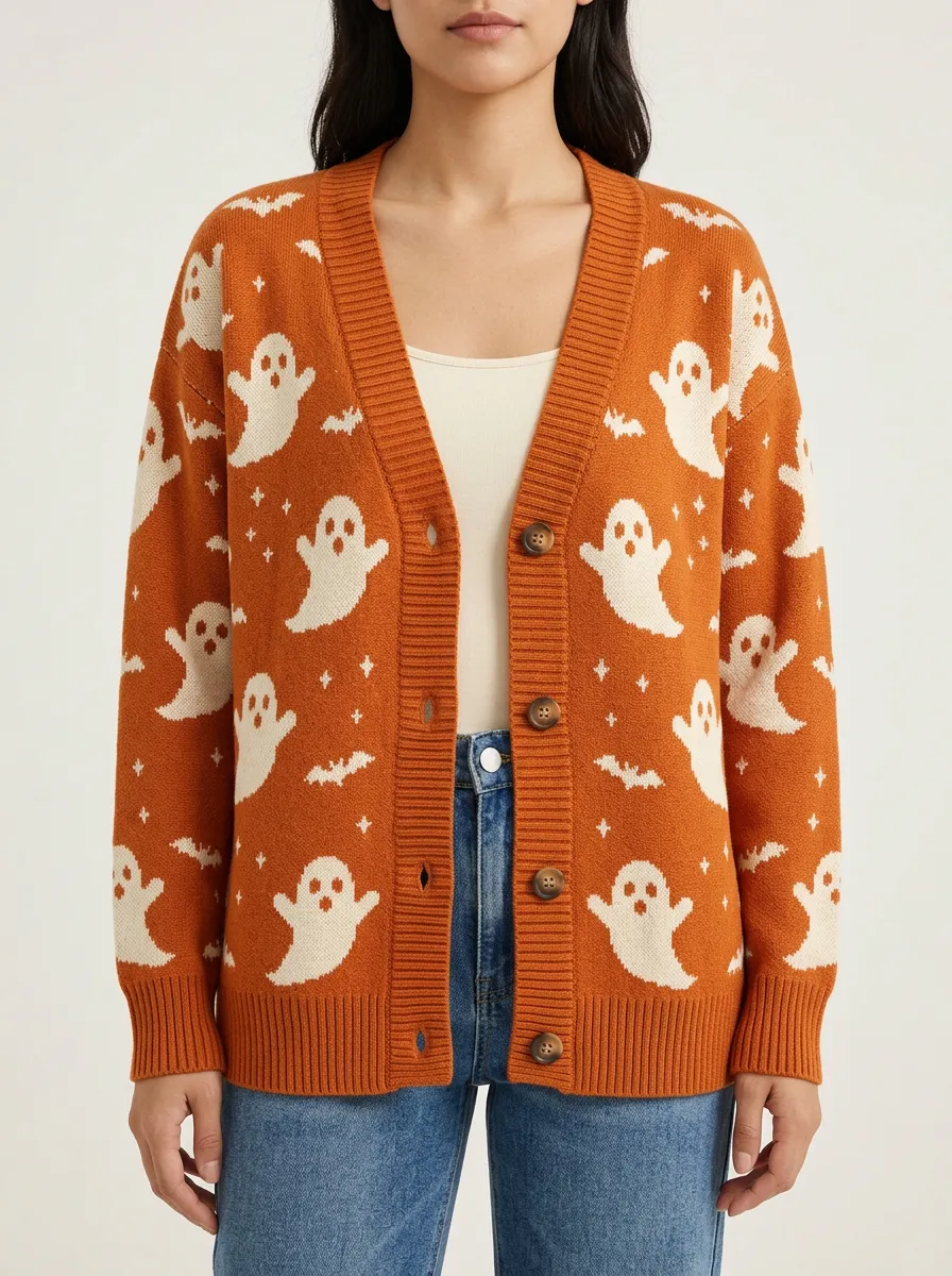 Women's Halloween Ghost Bat Pattern Printed Cardigan