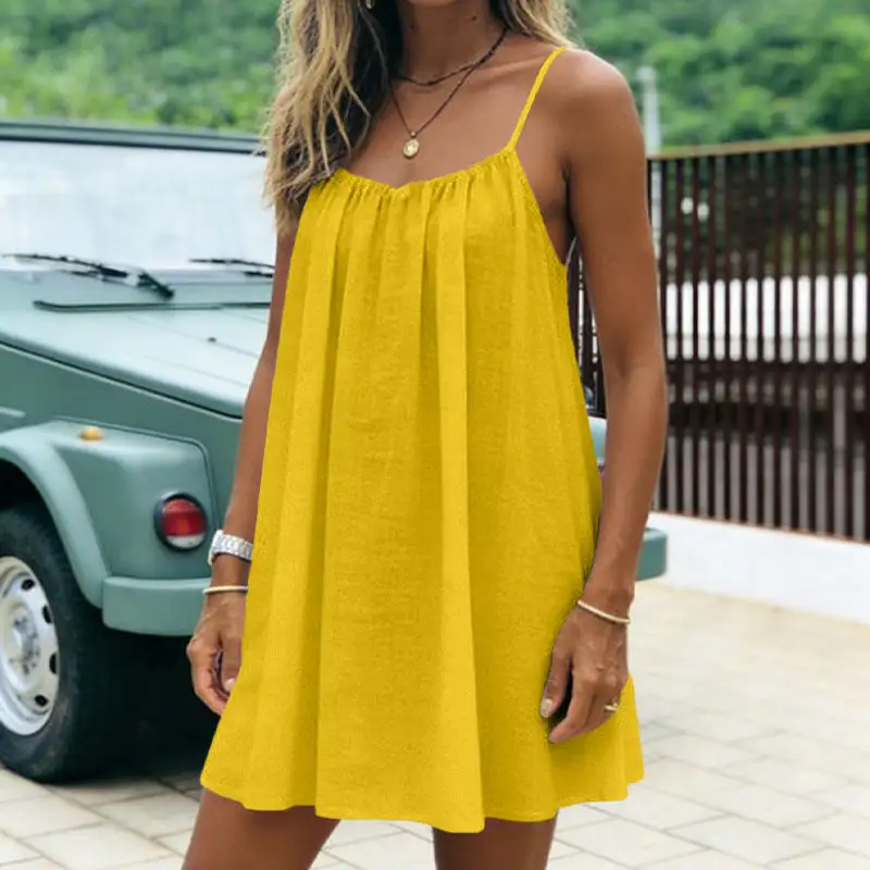 🌿Women's Summer Ruched Backless Cami Mini Dress, Spaghetti Strap A-Line Loose Fit Vacation Short Dress