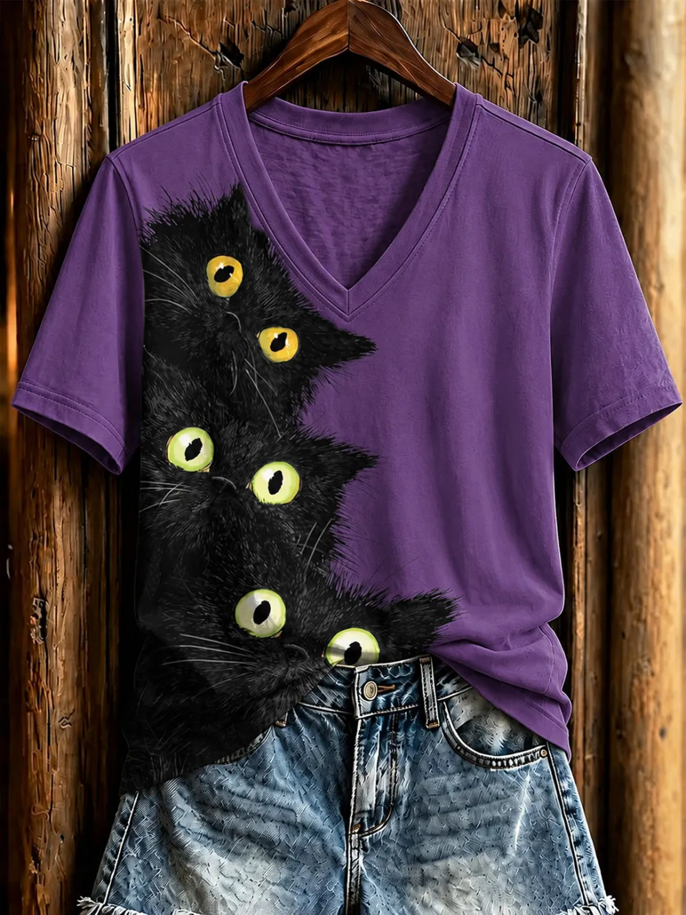 Women's Halloween Cat Art Printed Casual T-Shirt