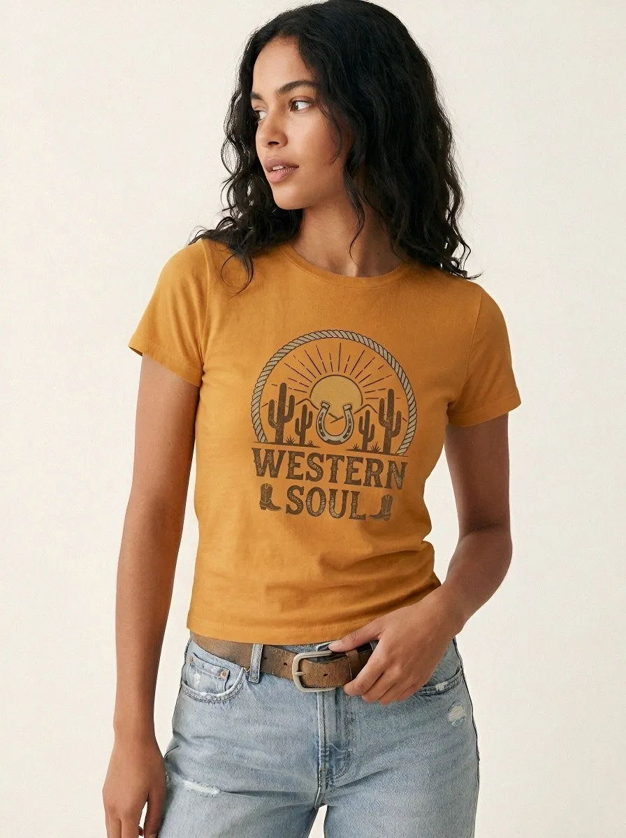 Women's Western Soul Cactus Horseshoe Printed T-shirt