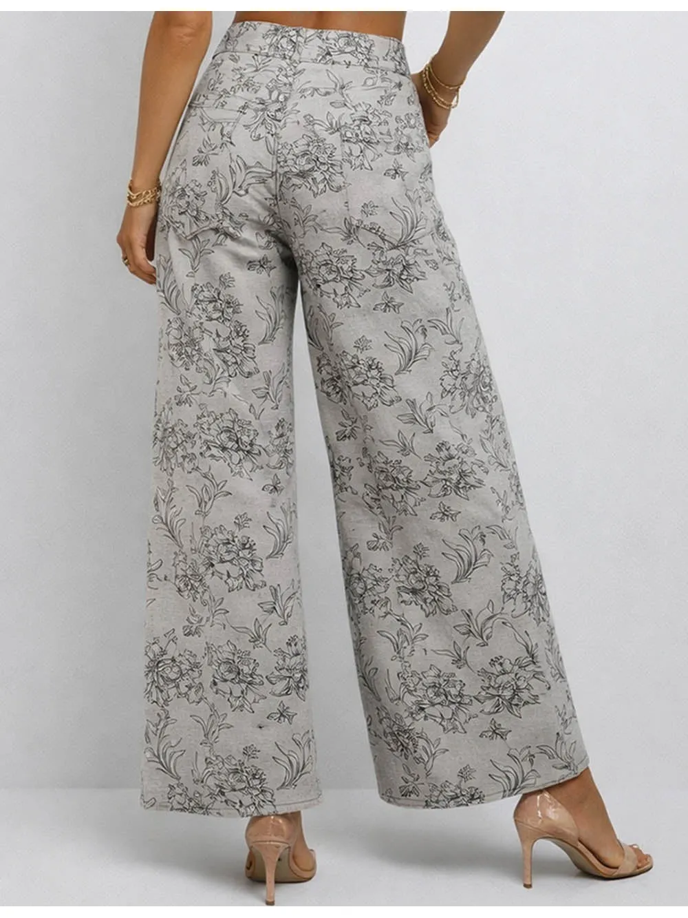 Vintage Jacquard Jean Button Waist Wide Leg Denim Pants