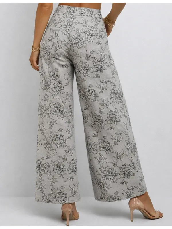 Vintage Jacquard Jean Button Waist Wide Leg Denim Pants