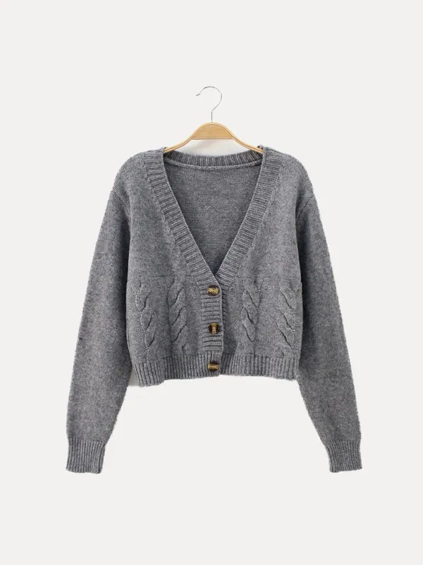 Buttoned V-Neck Knit Crop Sweater