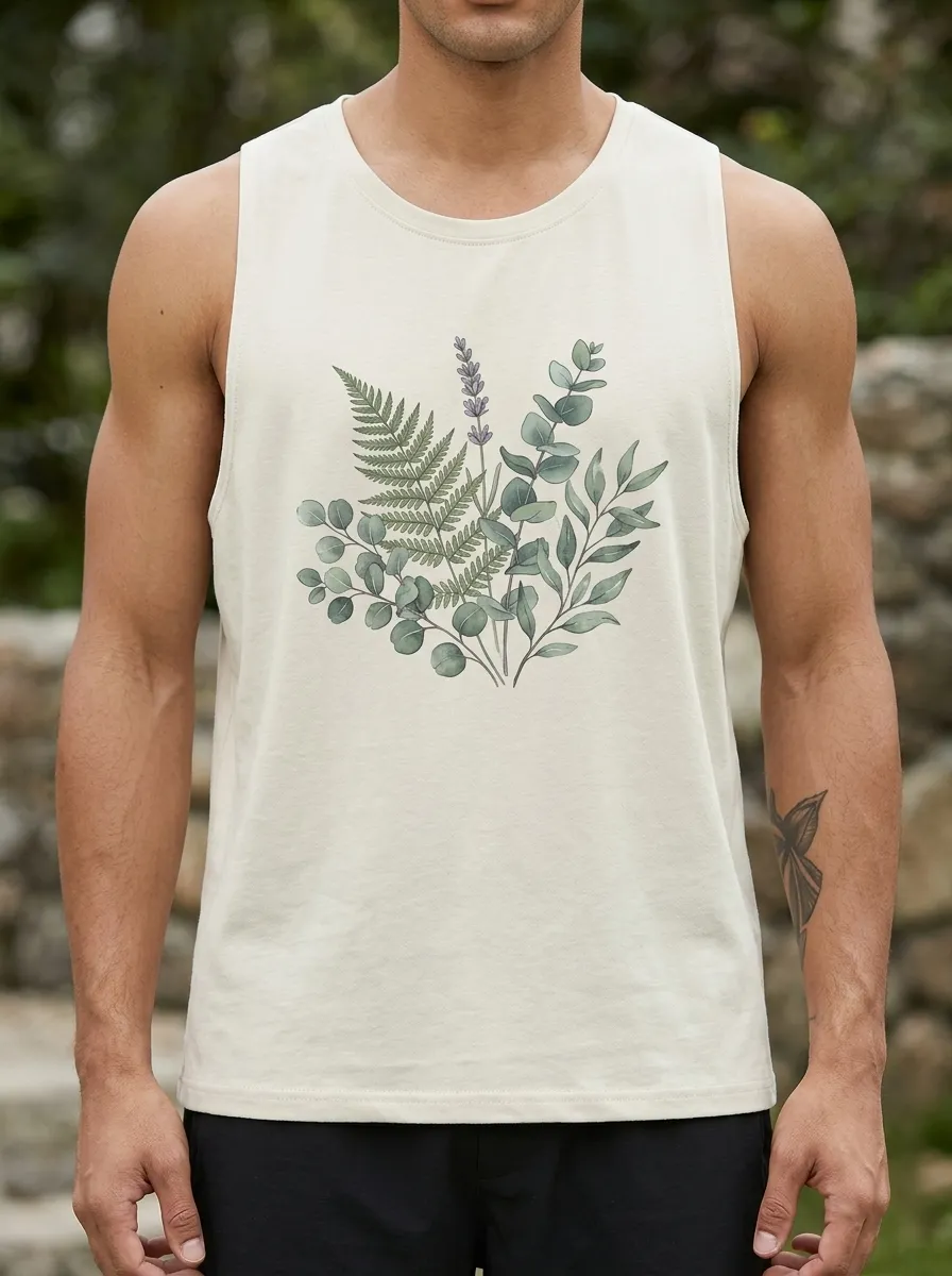 Men's Botanical Nature Lover Fern Eucalyptus Printed Tank Top